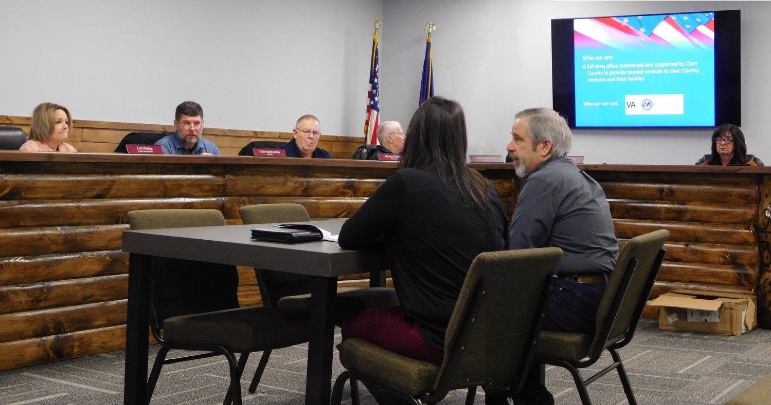 Karl Hauser, Clare County Veterans Services director, provides a comprehensive overview of services provided by his department, as well as statistical data for the previous two fiscal years. Seated with Hauser is Allisha Gary, veterans service officer.